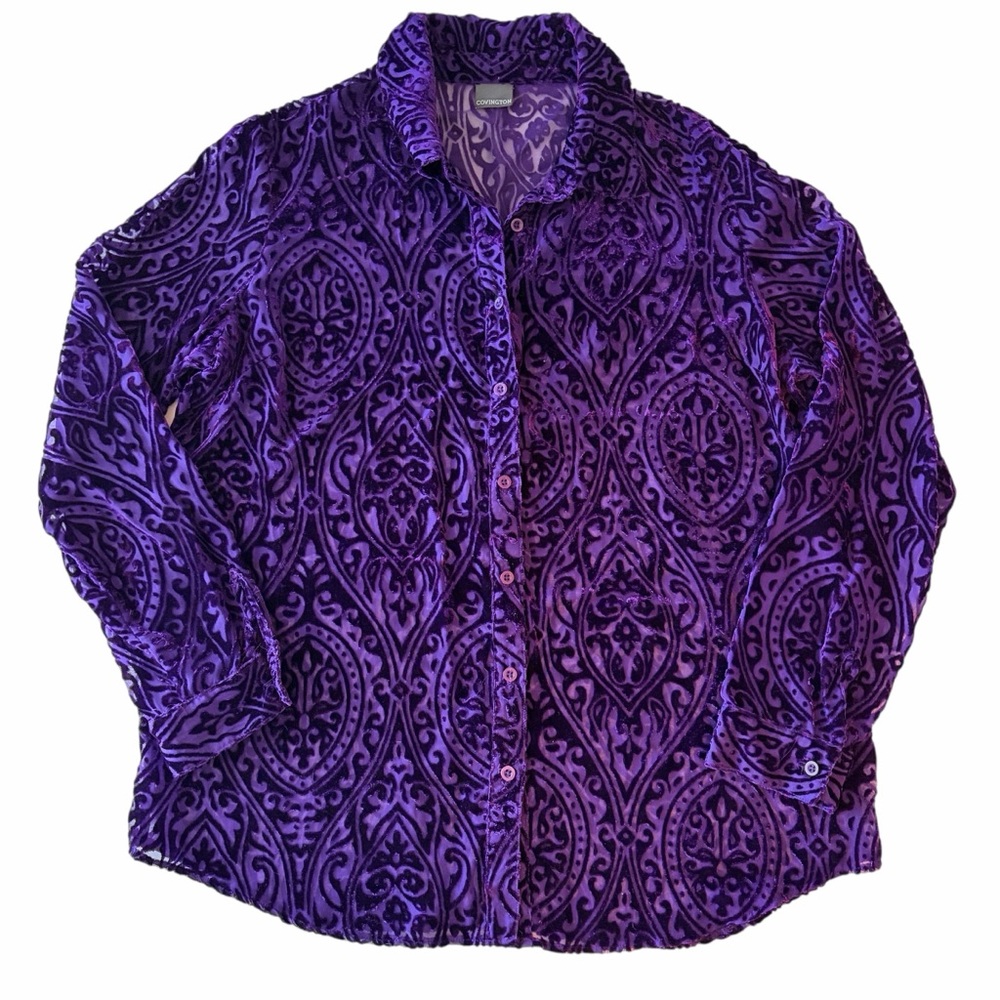 Purple Burnout Velvet Button-down Shirt, Size L